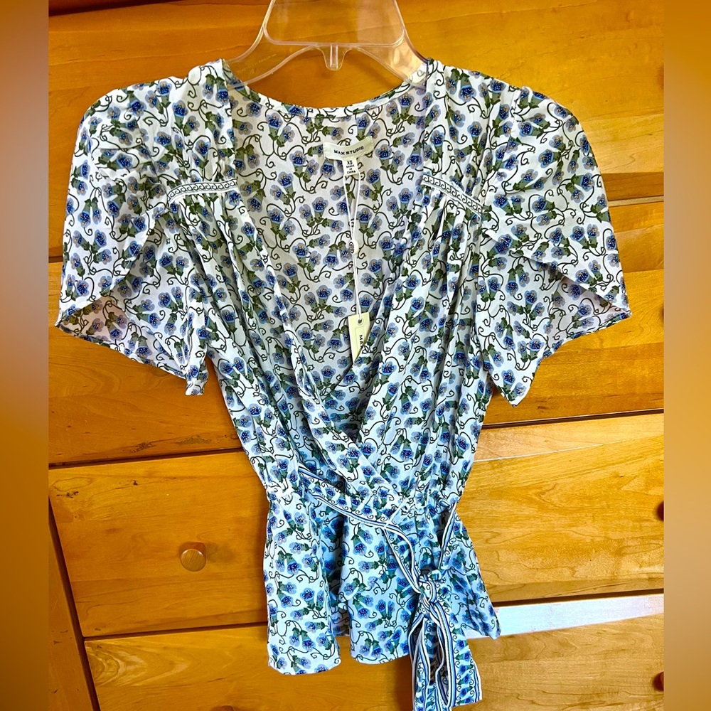 Max Studio White and Blue Floral Wrap Blouse